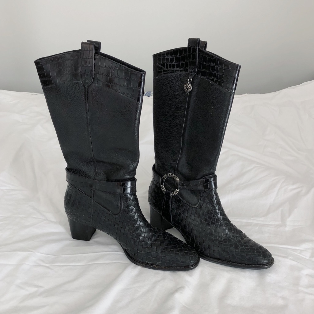 Brighton Leather Travis Mid-Calf Boots Black W/ Woven Detail Size 8 - Resoled